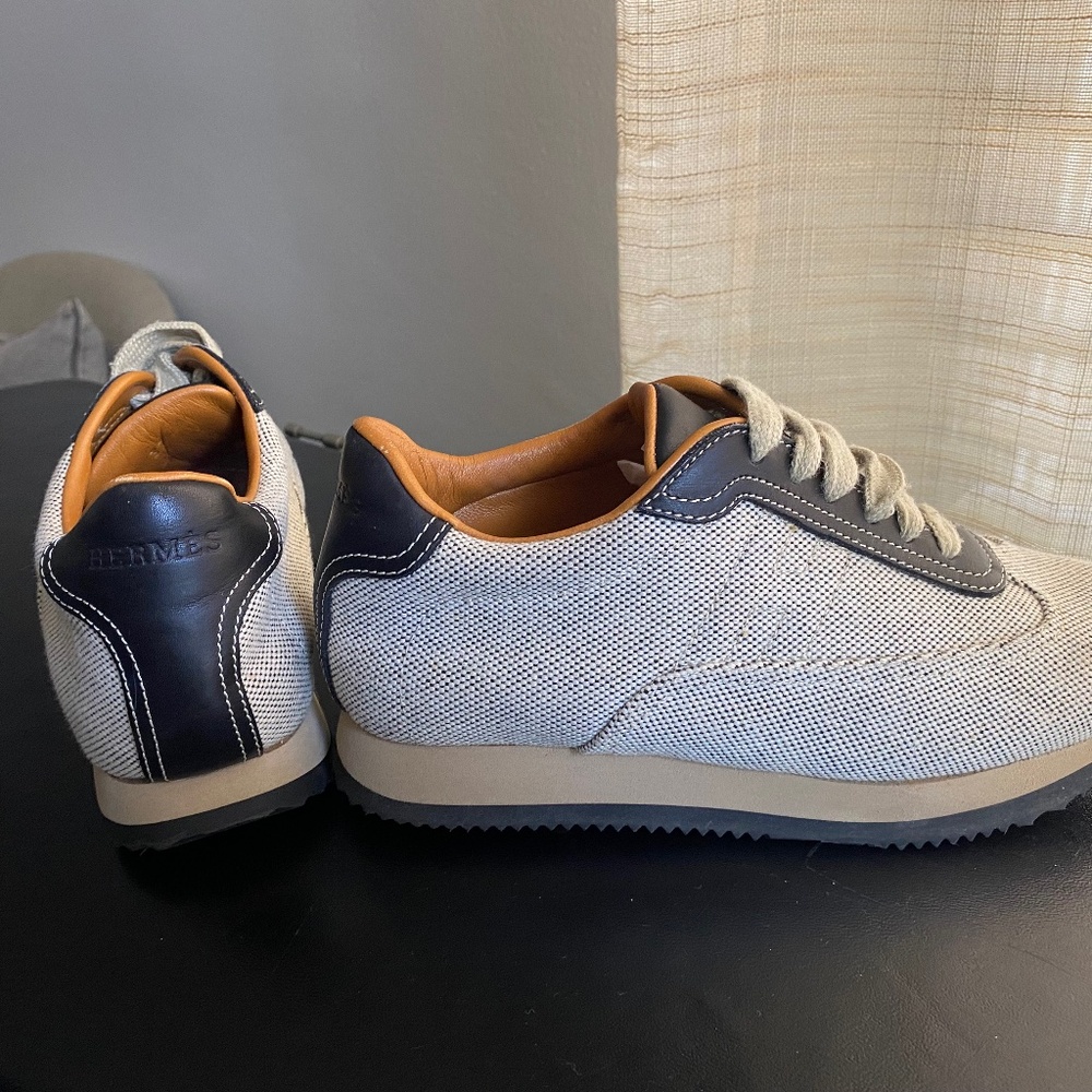 Hermes Fabric Blue Leather Fashion Sneakers Rubber Shoes Size 37 Laced Walking